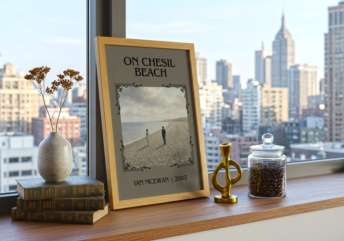 On Chesil Beach Classic Book Art Print by Ian McEwan – framed print on a city-view windowsill