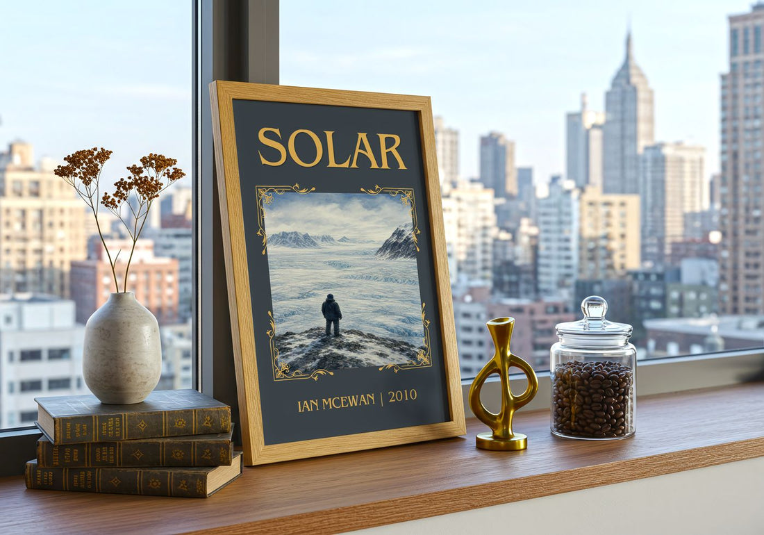 Solar Classic Book Art Print by Ian McEwan – framed print on a city-view windowsill