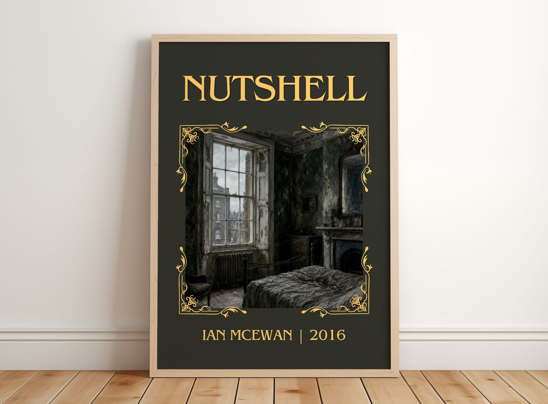 Nutshell Classic Book Art Print by Ian McEwan – framed print leaning on a wooden floor