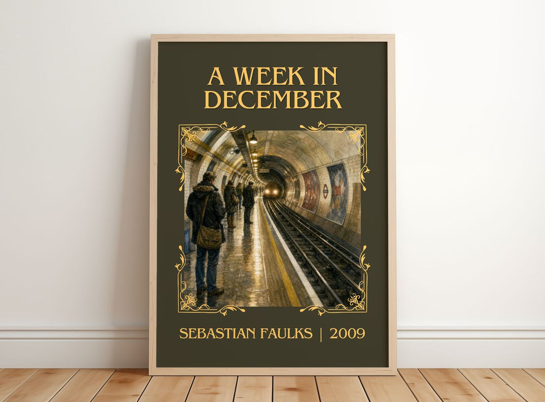A Week in December Classic Book Art Print by Sebastian Faulks – framed print leaning on a wooden floor