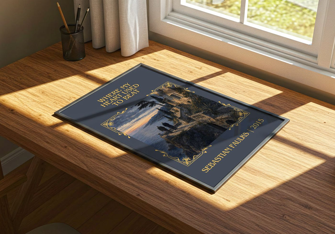 Where My Heart Used to Beat Classic Book Art Print by Sebastian Faulks – print on a sunlit desk