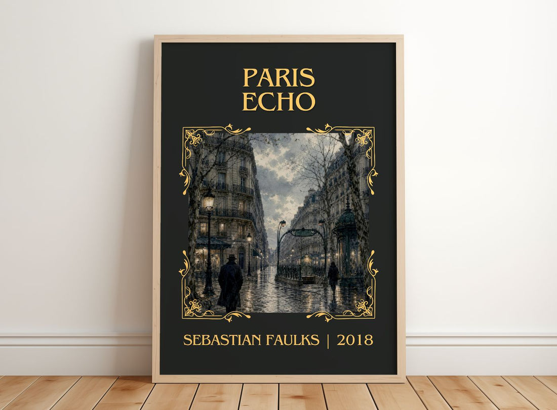 Paris Echo Classic Book Art Print by Sebastian Faulks – framed print leaning on a wooden floor