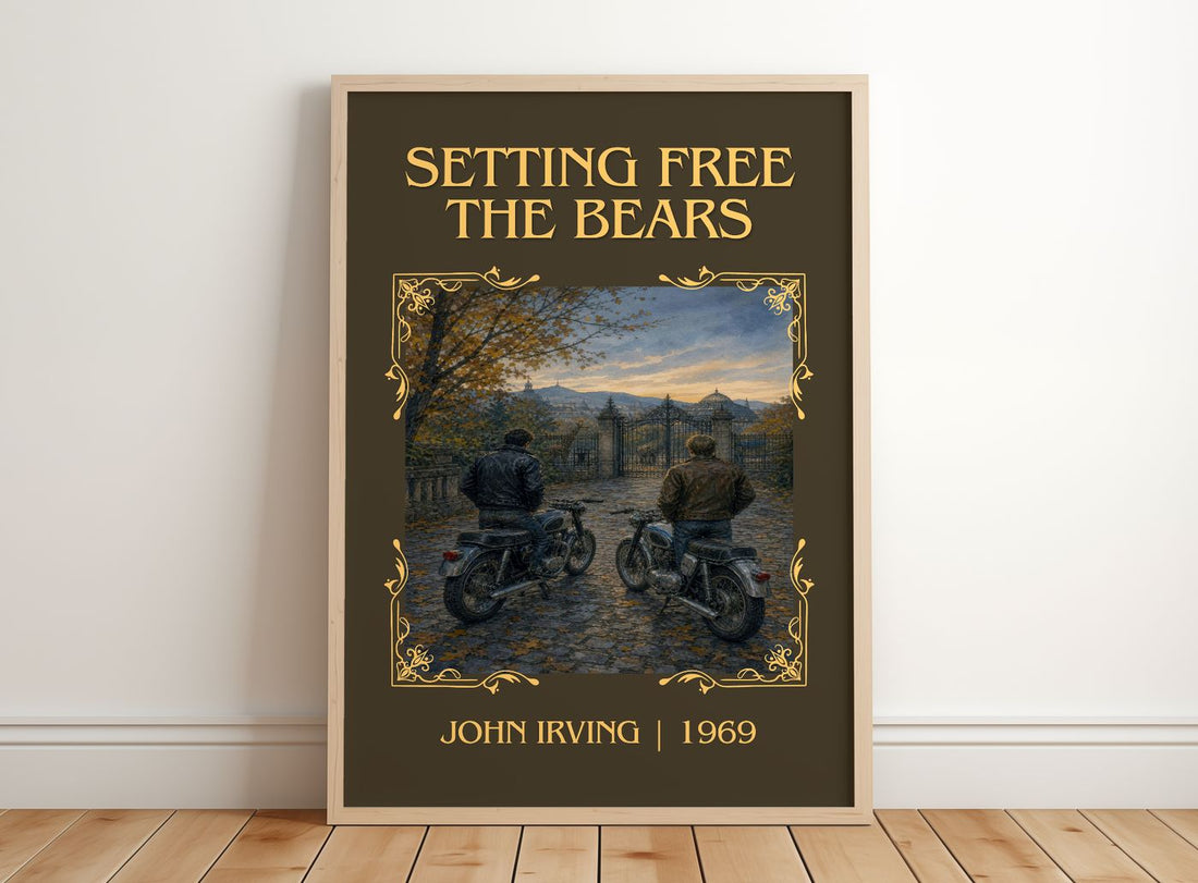 Setting Free the Bears Classic Book Art Print by John Irving – framed print leaning on a wooden floor