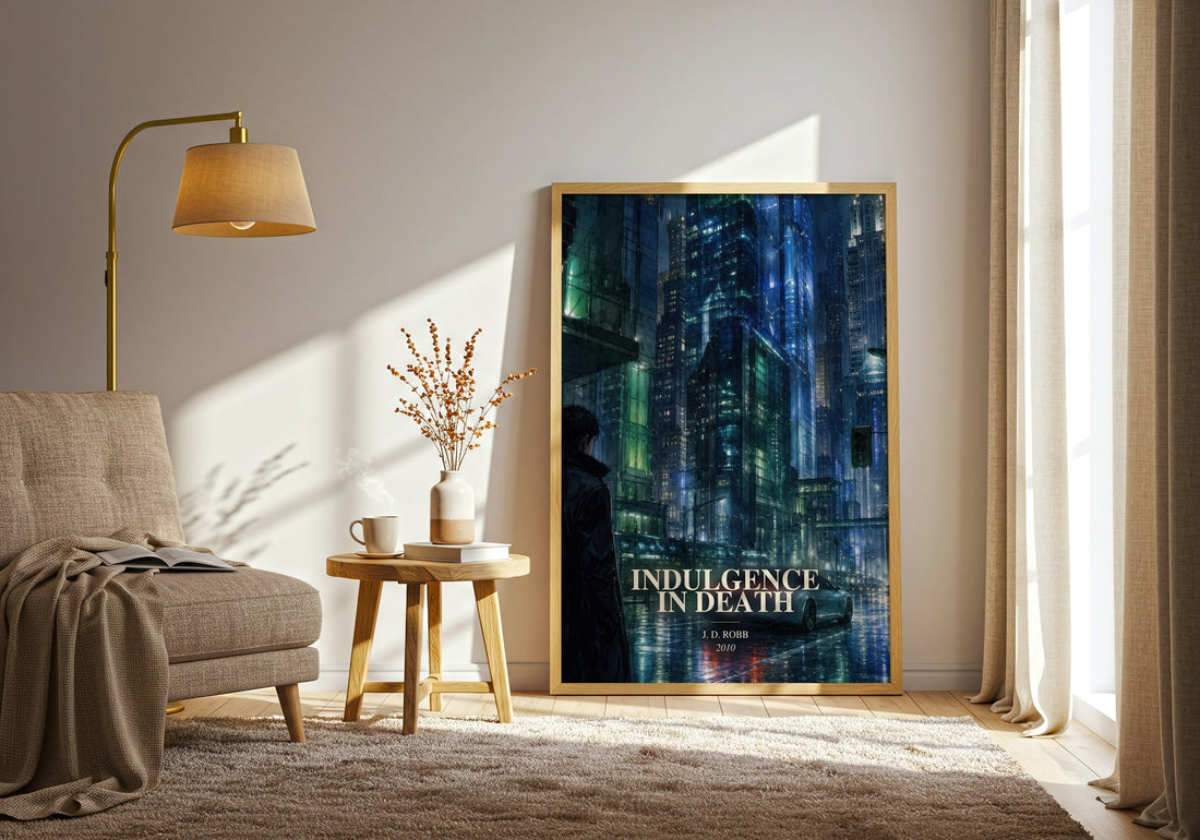 Indulgence In Death watercolour print in frame leaning in hallway – crime wall art (mockup)