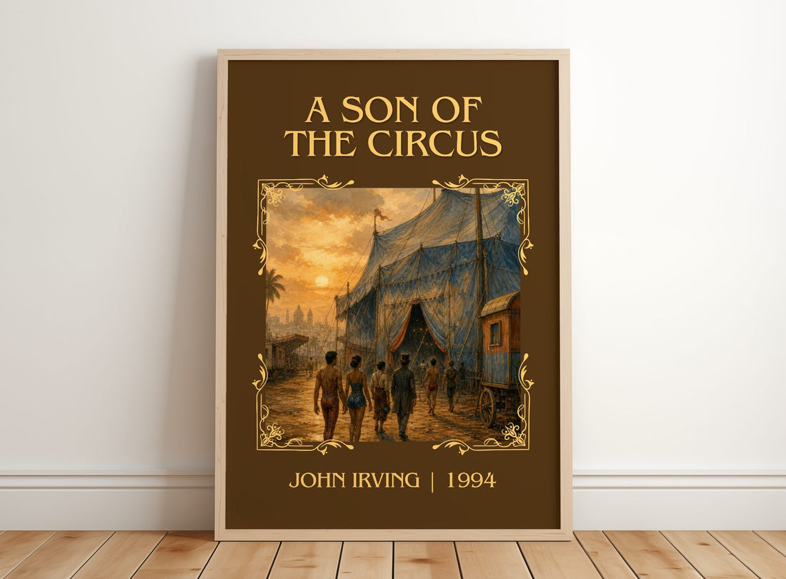A Son of the Circus Classic Book Art Print by John Irving – framed print leaning on a wooden floor