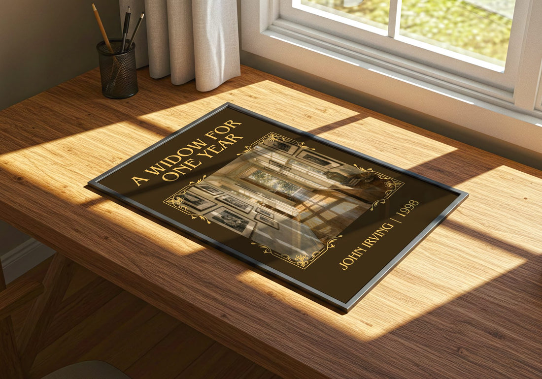A Widow for One Year Classic Book Art Print by John Irving – print on a sunlit desk