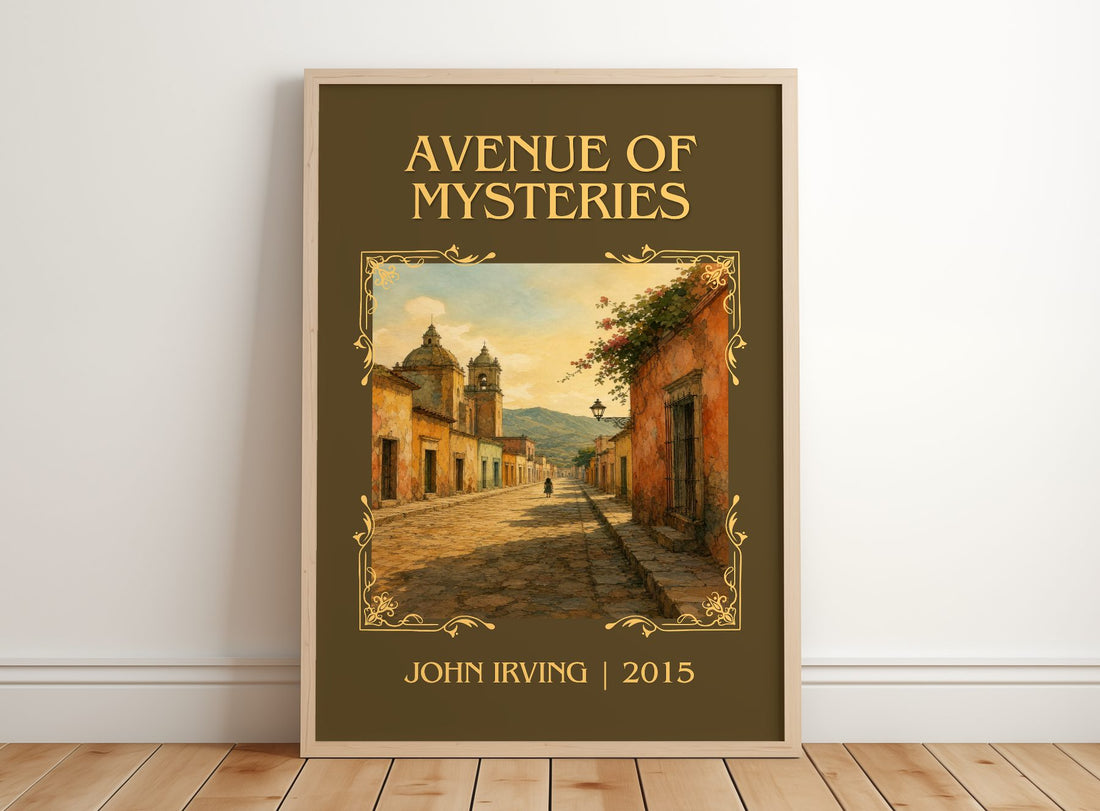 Avenue of Mysteries Classic Book Art Print by John Irving – framed print leaning on a wooden floor