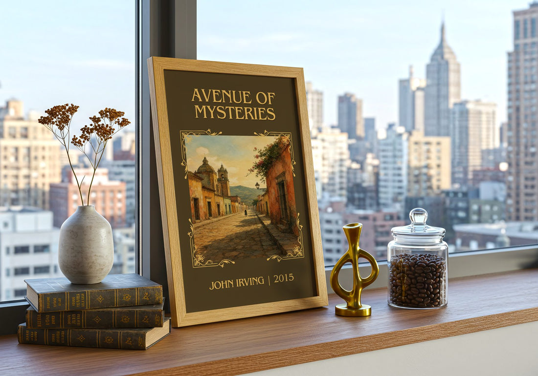 Avenue of Mysteries Classic Book Art Print by John Irving – framed print on a city-view windowsill