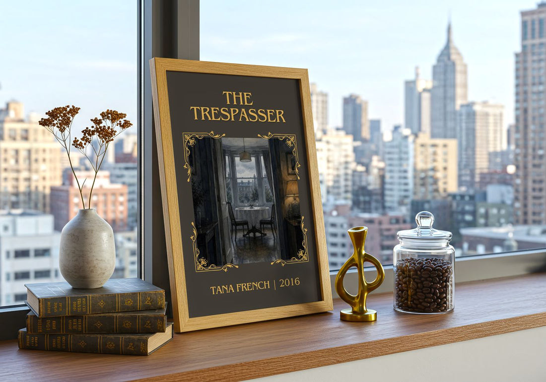 The Trespasser Classic Book Art Print by Tana French – framed print on a city-view windowsill