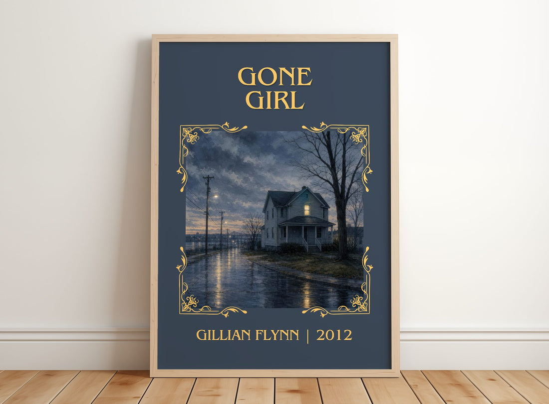 Gone Girl Classic Book Art Print by Gillian Flynn – framed print leaning on a wooden floor