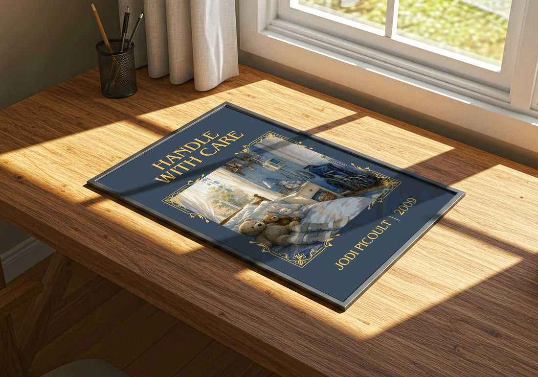 Handle with Care Classic Book Art Print by Jodi Picoult – print on a sunlit desk