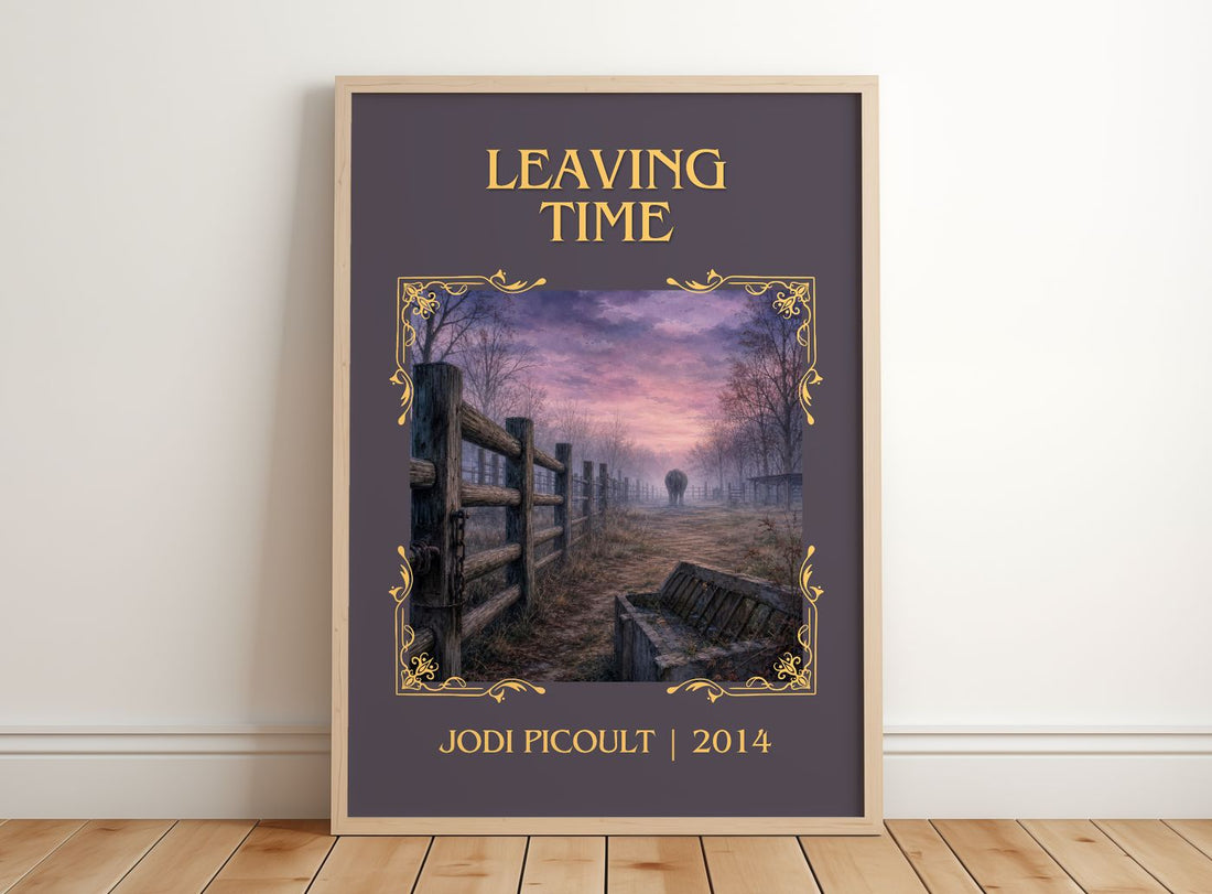 Leaving Time Classic Book Art Print by Jodi Picoult – framed print leaning on a wooden floor