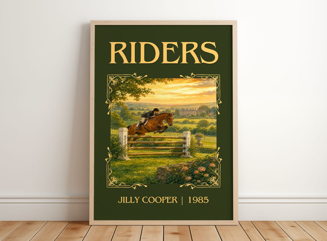 Riders Classic Book Art Print by Jilly Cooper – framed print leaning on a wooden floor