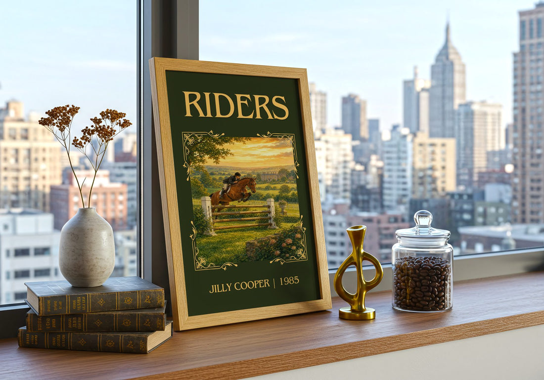 Riders Classic Book Art Print by Jilly Cooper – framed print on a city-view windowsill