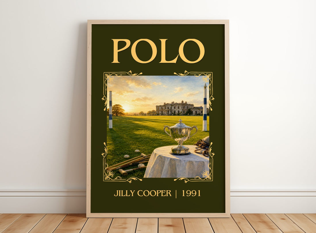 Polo Classic Book Art Print by Jilly Cooper – framed print leaning on a wooden floor