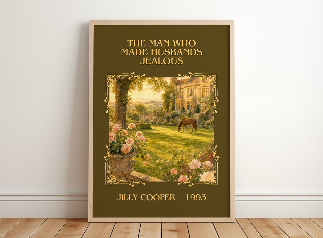 Man Who Made Husbands Jealous Classic Book Art Print by Jilly Cooper – framed print leaning on a wooden floor