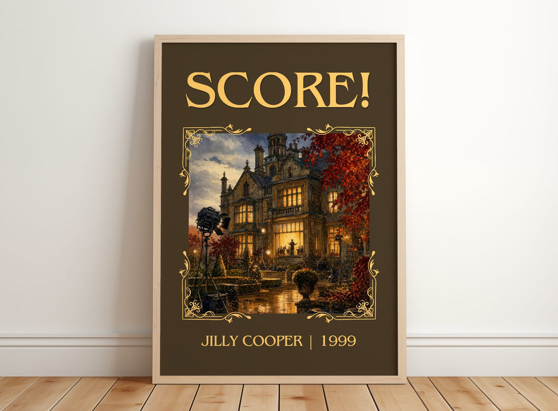Score! Classic Book Art Print by Jilly Cooper – framed print leaning on a wooden floor
