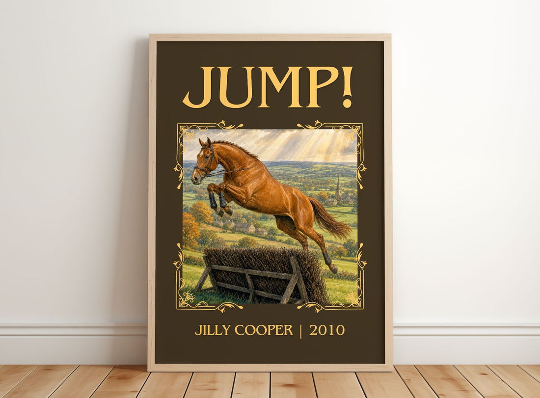 Jump! Classic Book Art Print by Jilly Cooper – framed print leaning on a wooden floor