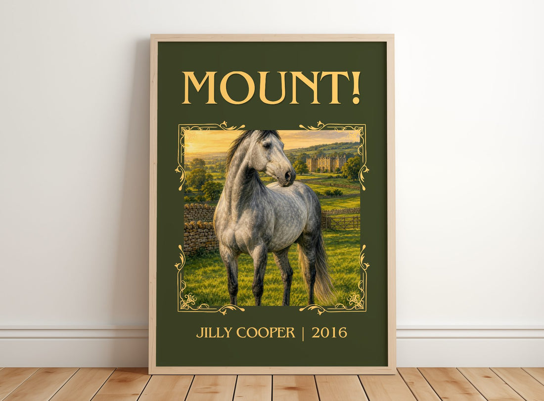 Mount! Classic Book Art Print by Jilly Cooper – framed print leaning on a wooden floor
