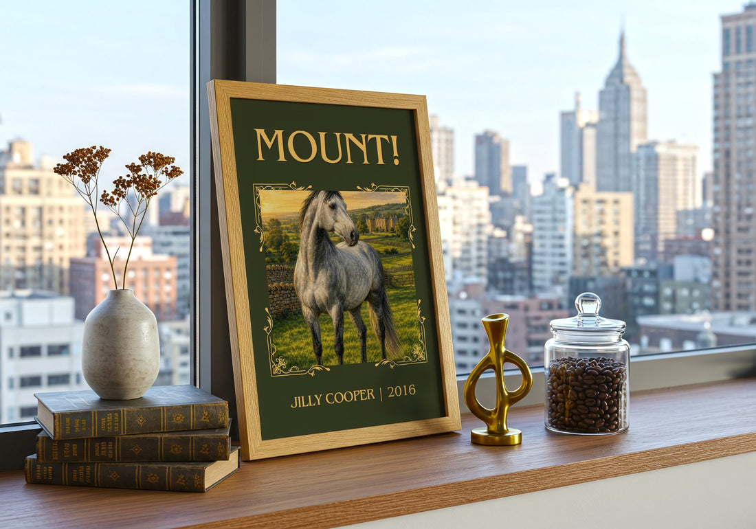 Mount! Classic Book Art Print by Jilly Cooper – framed print on a city-view windowsill