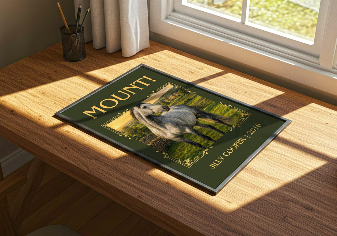 Mount! Classic Book Art Print by Jilly Cooper – print on a sunlit desk