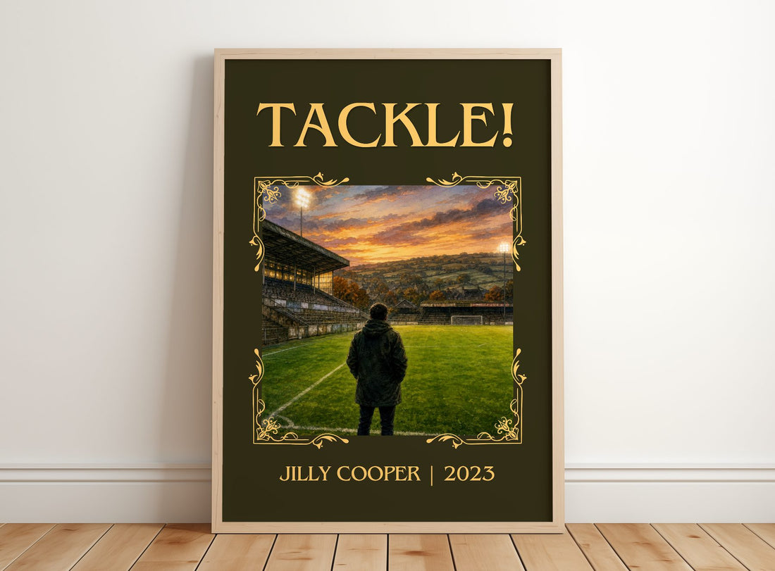 Tackle! Classic Book Art Print by Jilly Cooper – framed print leaning on a wooden floor