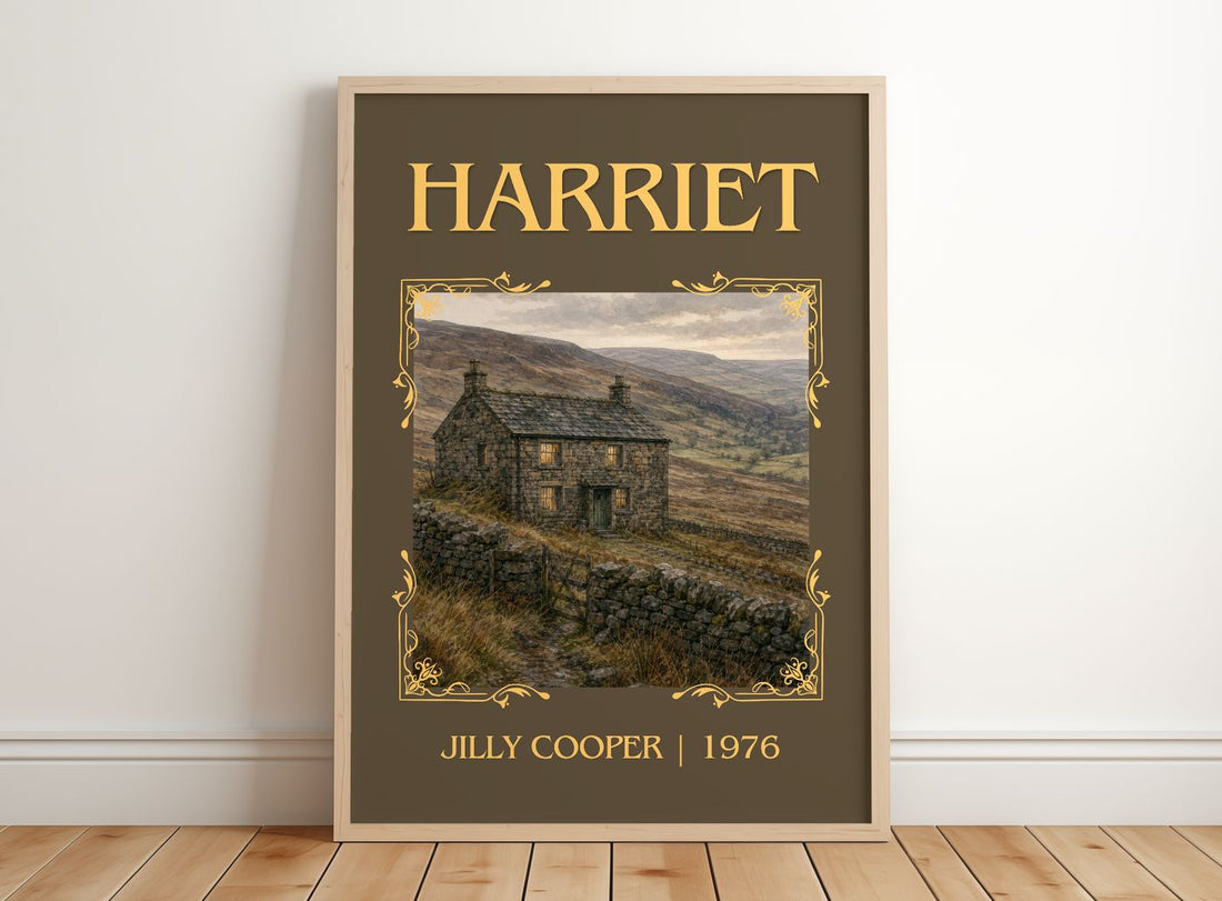 Harriet Classic Book Art Print by Jilly Cooper – framed print leaning on a wooden floor