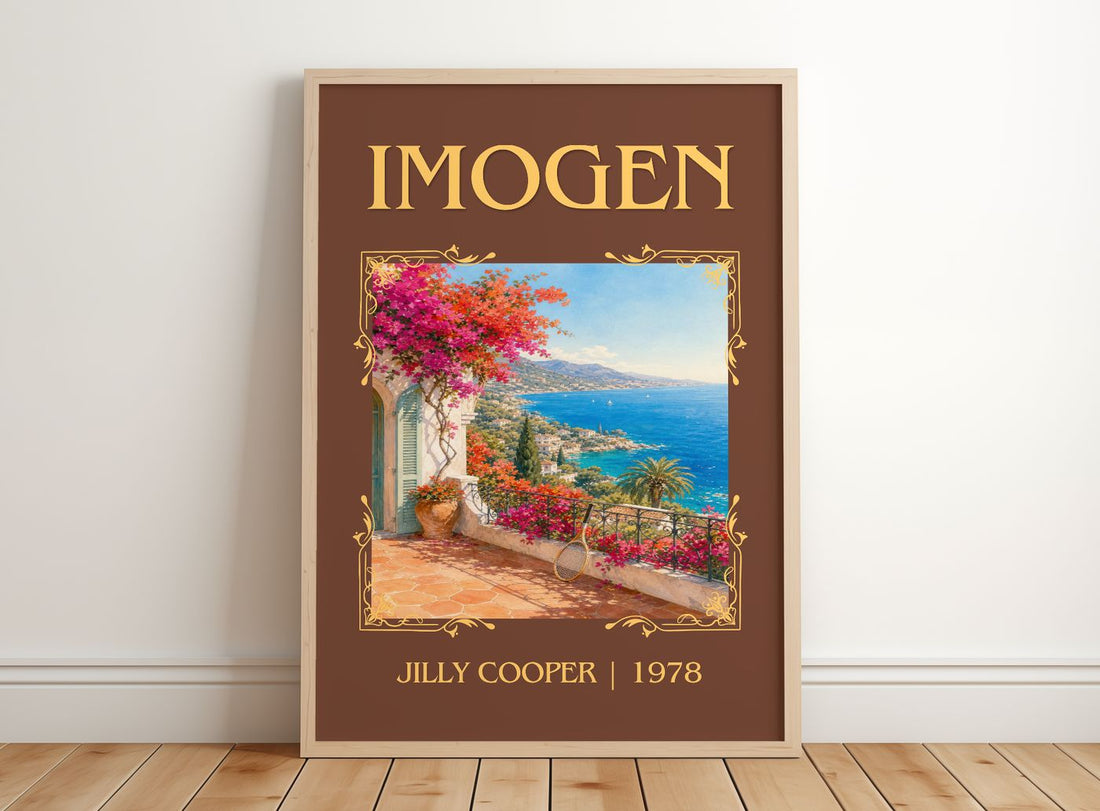 Imogen Classic Book Art Print by Jilly Cooper – framed print leaning on a wooden floor
