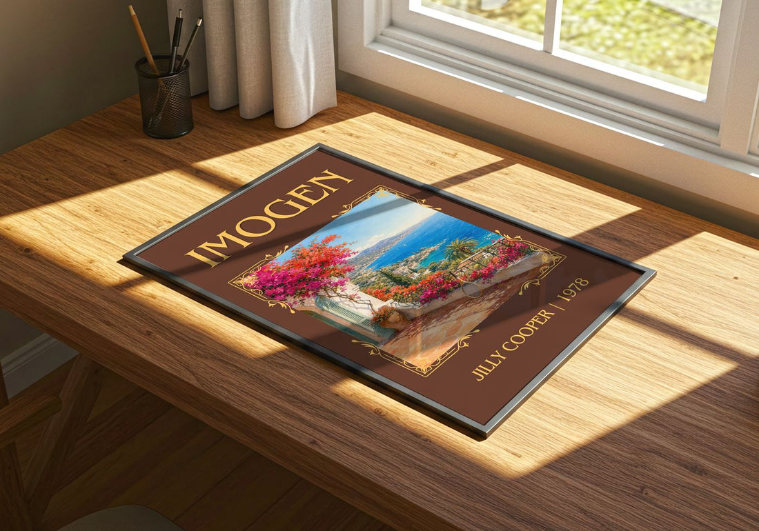 Imogen Classic Book Art Print by Jilly Cooper – print on a sunlit desk