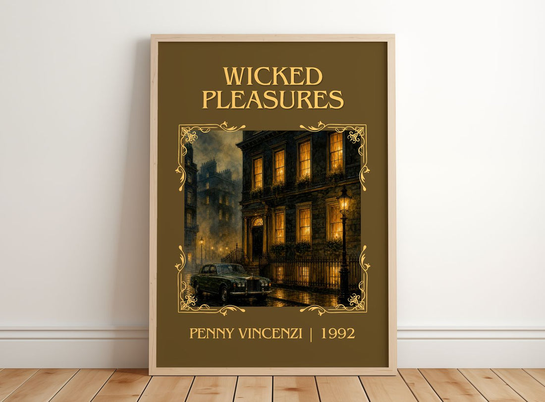 Wicked Pleasures Classic Book Art Print by Penny Vincenzi – framed print leaning on a wooden floor