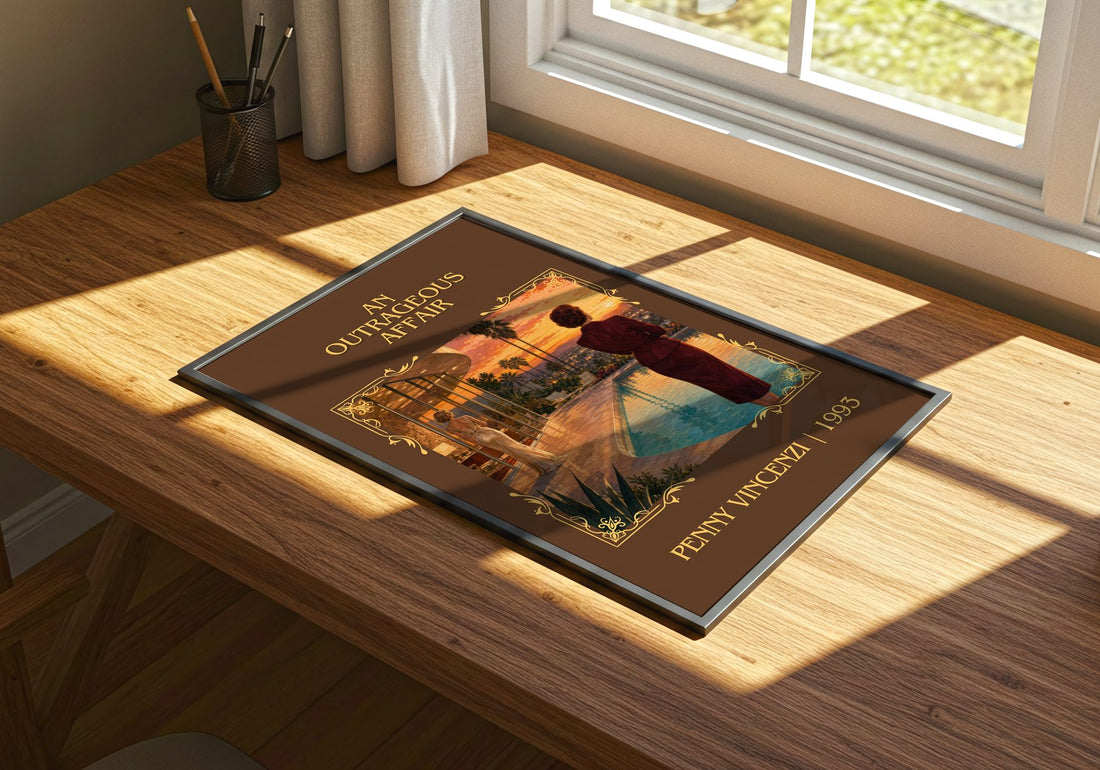 An Outrageous Affair Classic Book Art Print by Penny Vincenzi – print on a sunlit desk