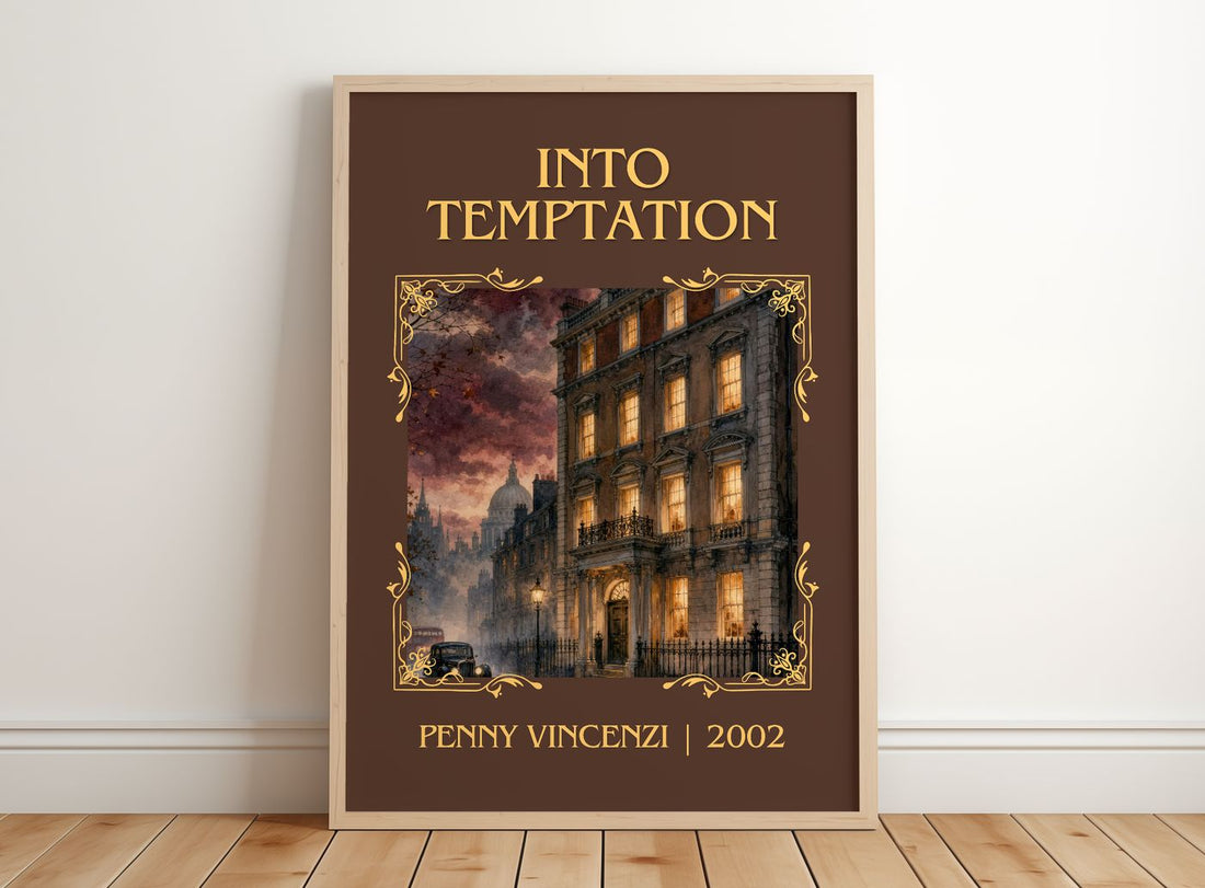 Into Temptation Classic Book Art Print by Penny Vincenzi – framed print leaning on a wooden floor