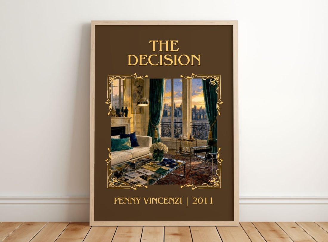 The Decision Classic Book Art Print by Penny Vincenzi – framed print leaning on a wooden floor