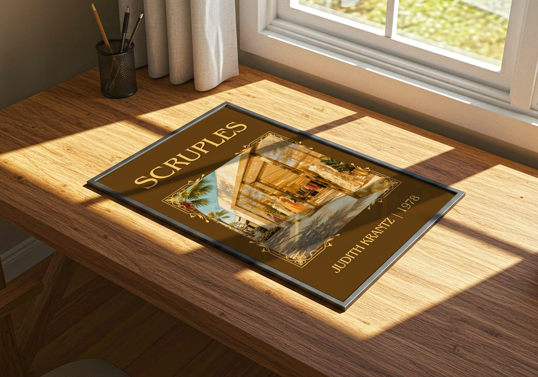 Scruples Classic Book Art Print by Judith Krantz – print on a sunlit desk
