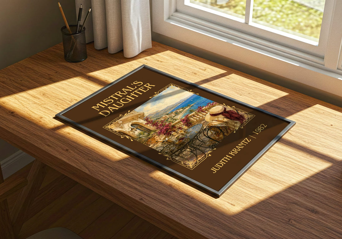 Mistral's Daughter Classic Book Art Print by Judith Krantz – print on a sunlit desk