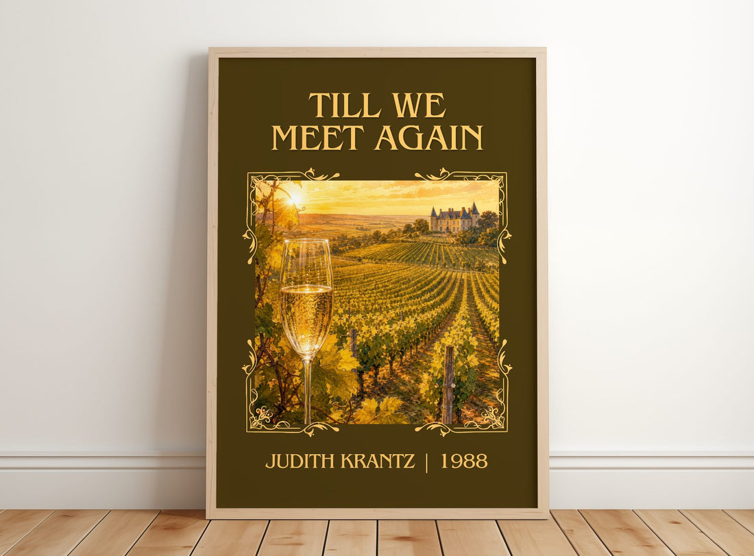 Till We Meet Again Classic Book Art Print by Judith Krantz – framed print leaning on a wooden floor