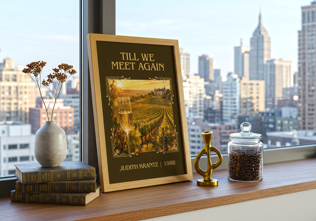 Till We Meet Again Classic Book Art Print by Judith Krantz – framed print on a city-view windowsill