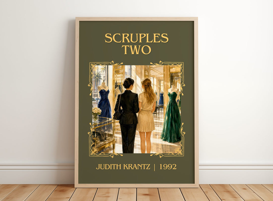 Scruples Two Classic Book Art Print by Judith Krantz – framed print leaning on a wooden floor