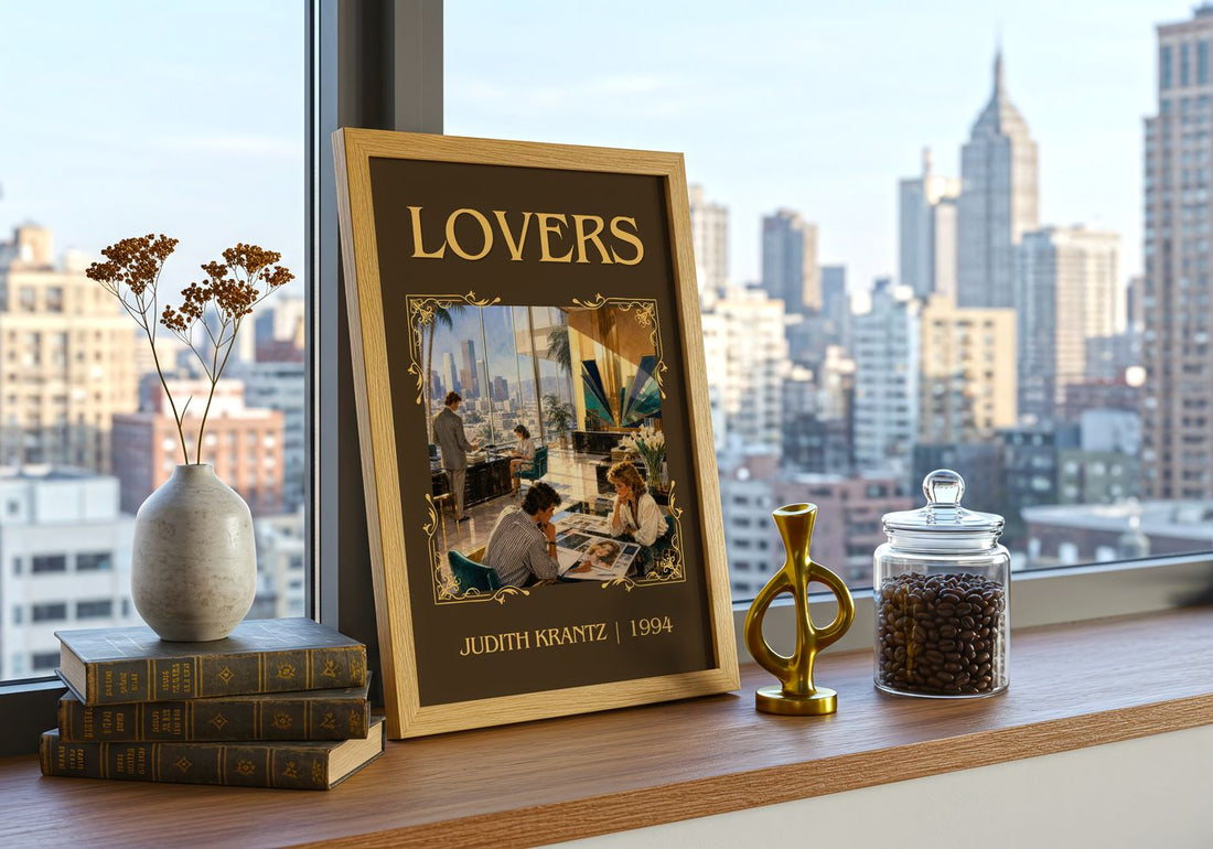 Lovers Classic Book Art Print by Judith Krantz – framed print on a city-view windowsill