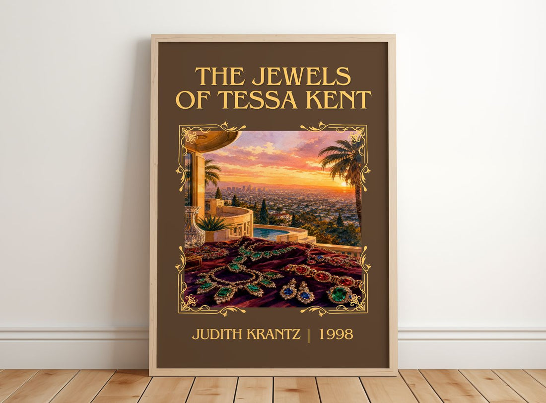 The Jewels of Tessa Kent Classic Book Art Print by Judith Krantz – framed print leaning on a wooden floor