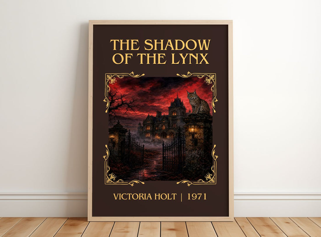 The Shadow of the Lynx Classic Book Art Print by Victoria Holt – framed print leaning on a wooden floor