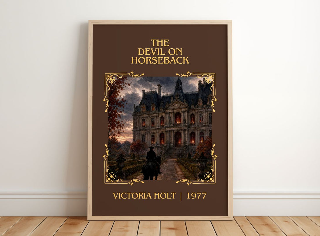 The Devil on Horseback Classic Book Art Print by Victoria Holt – framed print leaning on a wooden floor