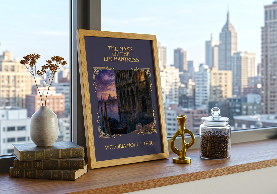 The Mask of the Enchantress Classic Book Art Print by Victoria Holt – framed print on a city-view windowsill