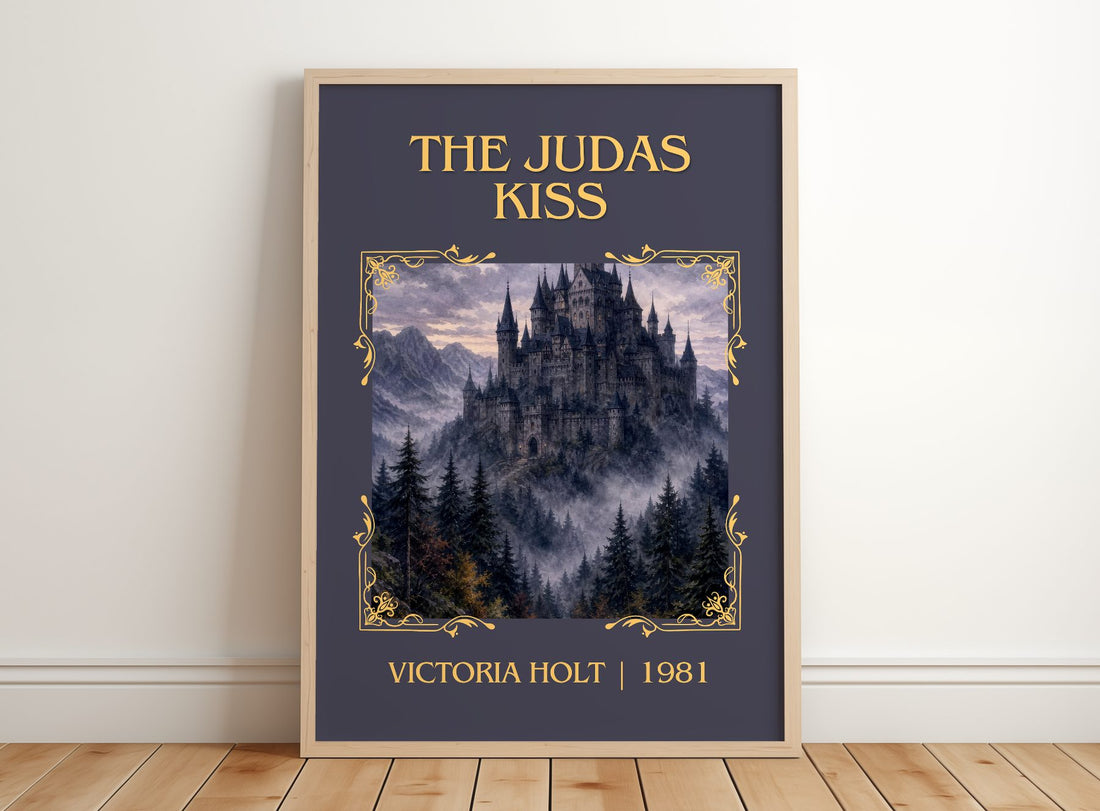 The Judas Kiss Classic Book Art Print by Victoria Holt – framed print leaning on a wooden floor