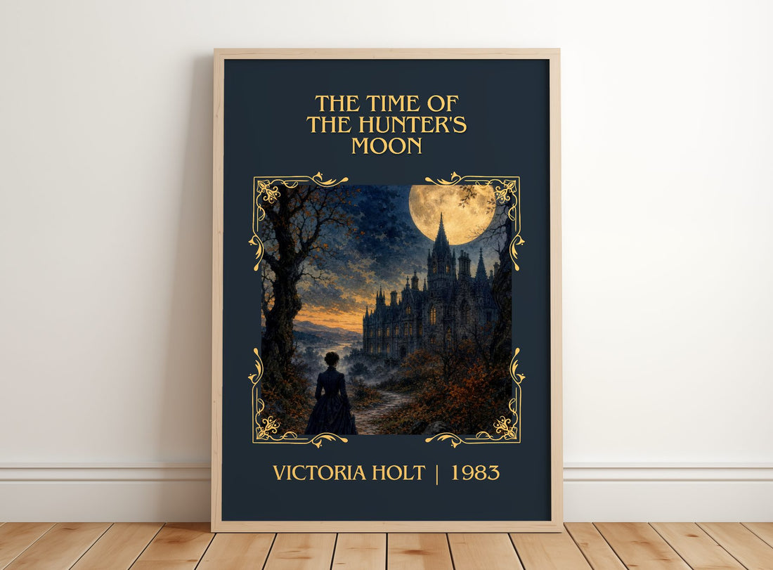 The Time of the Hunter's Moon Classic Book Art Print by Victoria Holt – framed print leaning on a wooden floor