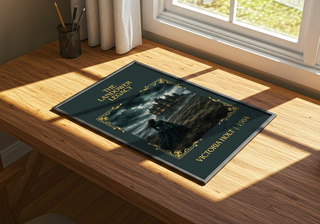 The Landower Legacy Classic Book Art Print by Victoria Holt – print on a sunlit desk