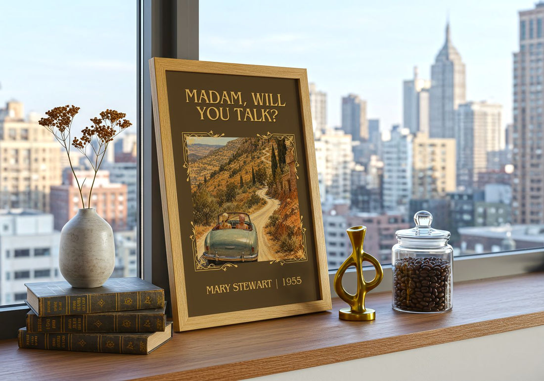 Madam, Will You Talk? Classic Book Art Print by Mary Stewart – framed print on a city-view windowsill