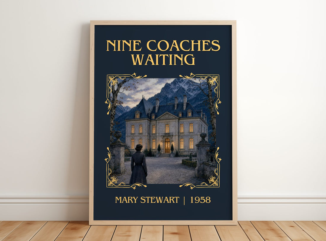 Nine Coaches Waiting Classic Book Art Print by Mary Stewart – framed print leaning on a wooden floor