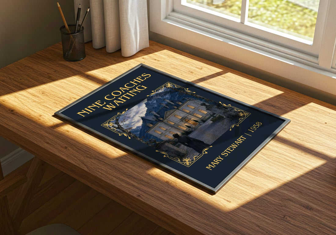 Nine Coaches Waiting Classic Book Art Print by Mary Stewart – print on a sunlit desk