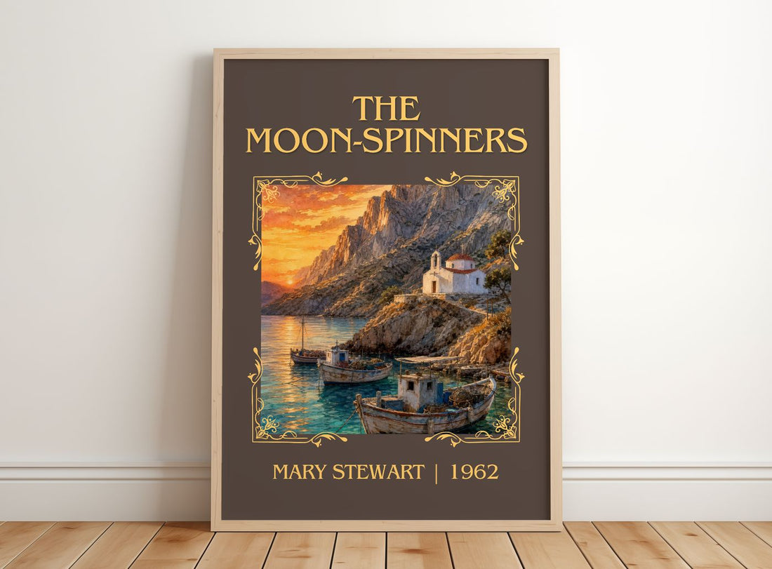 The Moon-Spinners Classic Book Art Print by Mary Stewart – framed print leaning on a wooden floor